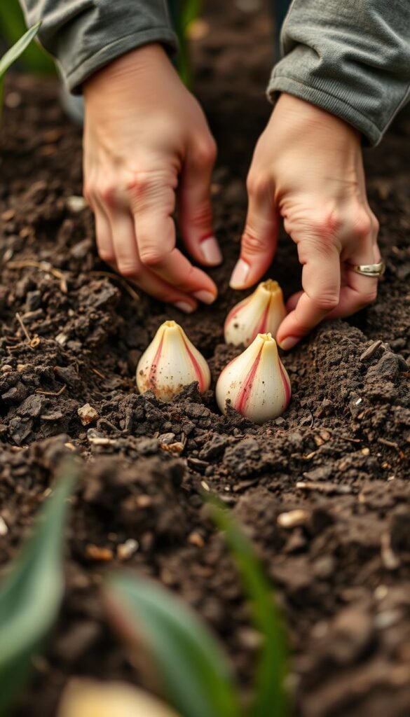 A close-up photograph of tulip bulbs being planted in rich, dark soil, with a gardener's hands carefully digging and placing the bulbs at the ideal depth. The scene is well-lit, with soft, natural lighting illuminating the details of the soil texture and the tulip bulbs. The background is blurred, placing the focus on the planting action in the foreground. The overall mood is one of attentive, meticulous gardening, conveying the importance of proper tulip planting depth for a vibrant, healthy bloom.