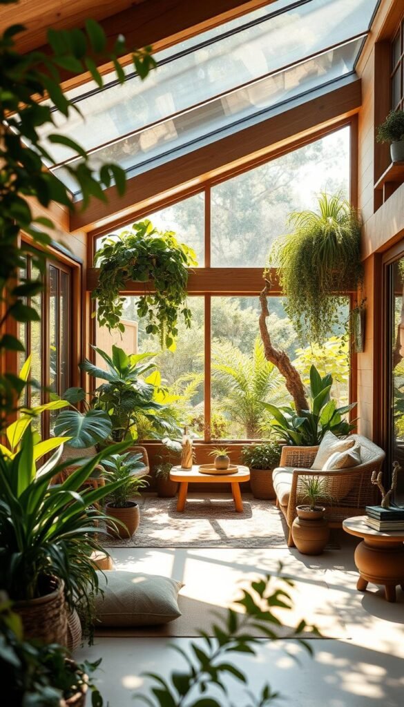 A cozy and harmonious living space where the boundaries between indoor and outdoor blur seamlessly. Sunlight filters through large windows, casting a warm glow on the lush foliage and natural textures within. A tasteful arrangement of plants, natural wood furnishings, and earthy accents create a soothing, biophilic ambiance. The space flows effortlessly from the home's interior to a well-designed patio or deck, inviting occupants to immerse themselves in the beauty of the surrounding garden. A sense of tranquility and connection to the natural world permeates every corner, embodying the essence of garden home design.