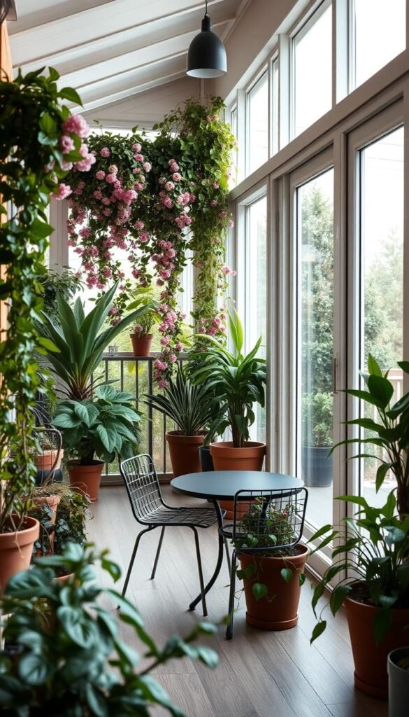 A cozy and inviting indoor-outdoor balcony design, filled with lush greenery and natural light. In the foreground, a small table and chairs create a charming seating area, surrounded by potted plants and trailing vines. The middle ground features a vertical garden with cascading blooms, adding a vibrant splash of color. In the background, large windows or glass doors open up to the outdoors, blending the boundary between interior and exterior spaces. Soft, diffused lighting creates a warm, welcoming atmosphere, highlighting the textural elements and natural materials used throughout the design. The overall composition conveys a sense of tranquility and a seamless integration of the indoor and outdoor realms. A cozy and inviting indoor-outdoor balcony design, filled with lush greenery and natural light. In the foreground, a small table and chairs create a charming seating area, surrounded by potted plants and trailing vines. The middle ground features a vertical garden with cascading blooms, adding a vibrant splash of color. In the background, large windows or glass doors open up to the outdoors, blending the boundary between interior and exterior spaces. Soft, diffused lighting creates a warm, welcoming atmosphere, highlighting the textural elements and natural materials used throughout the design. The overall composition conveys a sense of tranquility and a seamless integration of the indoor and outdoor realms.