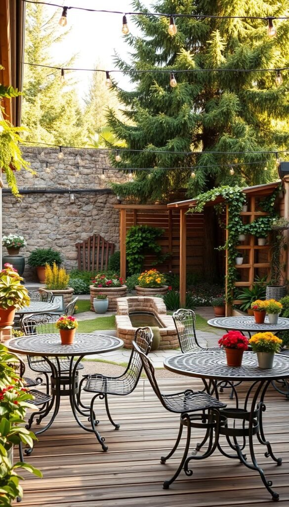 A cozy backyard cafe layout with a rustic, inviting atmosphere. In the foreground, a wooden patio with wrought-iron cafe tables and chairs, adorned with potted plants and string lights overhead. In the middle ground, a lush garden with colorful flower beds, a wooden trellis with climbing vines, and a small water feature. The background features a stone wall or fence, partially obscured by tall trees, casting a warm, dappled light across the scene. The overall mood is one of tranquility and relaxation, perfect for socializing and unwinding outdoors. A cozy backyard cafe layout with a rustic, inviting atmosphere. In the foreground, a wooden patio with wrought-iron cafe tables and chairs, adorned with potted plants and string lights overhead. In the middle ground, a lush garden with colorful flower beds, a wooden trellis with climbing vines, and a small water feature. The background features a stone wall or fence, partially obscured by tall trees, casting a warm, dappled light across the scene. The overall mood is one of tranquility and relaxation, perfect for socializing and unwinding outdoors.