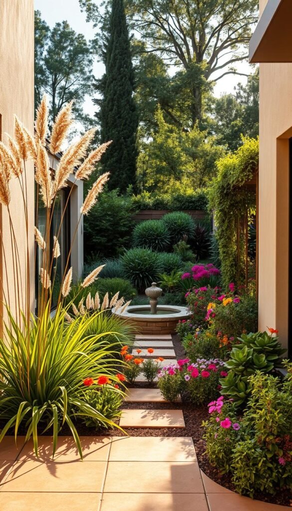 A cozy courtyard garden nestled between a modern, minimalist home and a lush, natural landscape. In the foreground, a carefully curated selection of complementary plants - tall, architectural grasses sway gently, their delicate fronds casting intricate shadows on the warm, smooth stone pavers. Vibrant, colorful perennials burst forth, their blooms softly illuminated by the golden, diffused light of the afternoon sun. In the middle ground, a small, tranquil water feature reflects the verdant foliage, creating a soothing, calming ambiance. Beyond, the natural landscape extends, with towering trees and billowing shrubs, seamlessly blending the built environment with the natural world. The overall scene exudes a sense of harmony, balance, and a deep connection between the home and its lush, thriving surroundings.