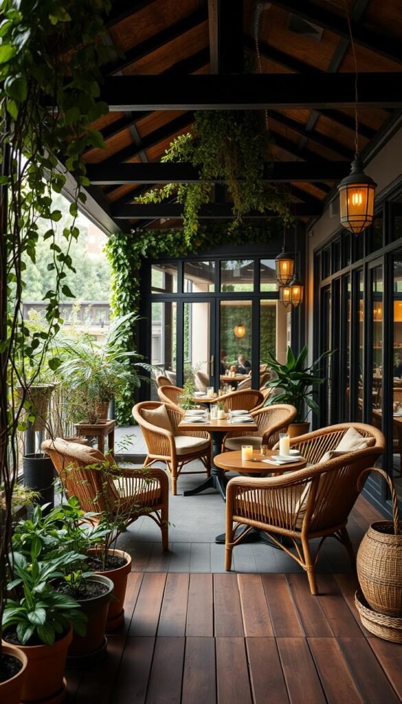 A cozy indoor-outdoor cafe space with seamless integration. In the foreground, a wooden deck blends into a lush garden, with potted plants and trailing vines creating a natural ambiance. The middle ground features plush patio furniture - rattan armchairs and a wooden table set for an intimate gathering. Soft, warm lighting from pendant lamps and candles casts a welcoming glow. The background reveals floor-to-ceiling windows, allowing the outdoors to flow in and creating a sense of openness. The overall atmosphere is one of tranquility and harmony, inviting patrons to linger and savor the cafe experience. A cozy indoor-outdoor cafe space with seamless integration. In the foreground, a wooden deck blends into a lush garden, with potted plants and trailing vines creating a natural ambiance. The middle ground features plush patio furniture - rattan armchairs and a wooden table set for an intimate gathering. Soft, warm lighting from pendant lamps and candles casts a welcoming glow. The background reveals floor-to-ceiling windows, allowing the outdoors to flow in and creating a sense of openness. The overall atmosphere is one of tranquility and harmony, inviting patrons to linger and savor the cafe experience.