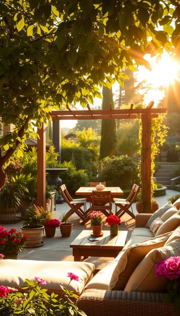 A cozy outdoor patio space, flooded with warm, golden sunlight filtering through lush, verdant foliage. In the foreground, a cozy seating area with plush cushions and a low, wooden coffee table, inviting guests to relax and unwind. Scattered throughout, potted plants and flowers in vibrant hues, adding pops of color and a touch of natural beauty. In the middle ground, a pergola-covered dining area, with a rustic, wooden table and mismatched chairs, creating a casual, intimate atmosphere. In the background, a lush, verdant garden, with towering trees and a tranquil water feature, providing a serene, peaceful ambiance. The overall scene conveys a sense of tranquility, comfort, and harmony, an idyllic outdoor oasis for socializing and relaxation. A cozy outdoor patio space, flooded with warm, golden sunlight filtering through lush, verdant foliage. In the foreground, a cozy seating area with plush cushions and a low, wooden coffee table, inviting guests to relax and unwind. Scattered throughout, potted plants and flowers in vibrant hues, adding pops of color and a touch of natural beauty. In the middle ground, a pergola-covered dining area, with a rustic, wooden table and mismatched chairs, creating a casual, intimate atmosphere. In the background, a lush, verdant garden, with towering trees and a tranquil water feature, providing a serene, peaceful ambiance. The overall scene conveys a sense of tranquility, comfort, and harmony, an idyllic outdoor oasis for socializing and relaxation.