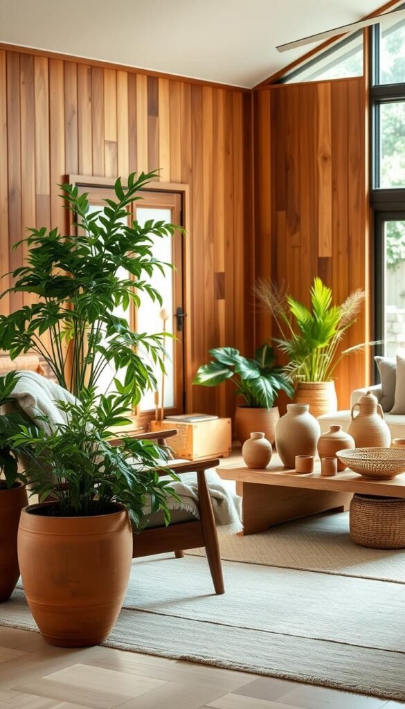 A cozy, well-lit interior space showcasing a harmonious blend of natural materials. In the foreground, a mid-century modern armchair is adorned with a plush linen throw and surrounded by terracotta planters overflowing with lush, verdant foliage. In the middle ground, a smooth, wooden coffee table displays a selection of artisanal ceramic vessels and woven baskets. The background features a wall paneled with warm, earthy-toned reclaimed wood, complemented by a large window that allows natural light to stream in, casting a soft, golden glow throughout the room. The overall atmosphere is one of tranquility and a seamless integration of nature within the home's design.
