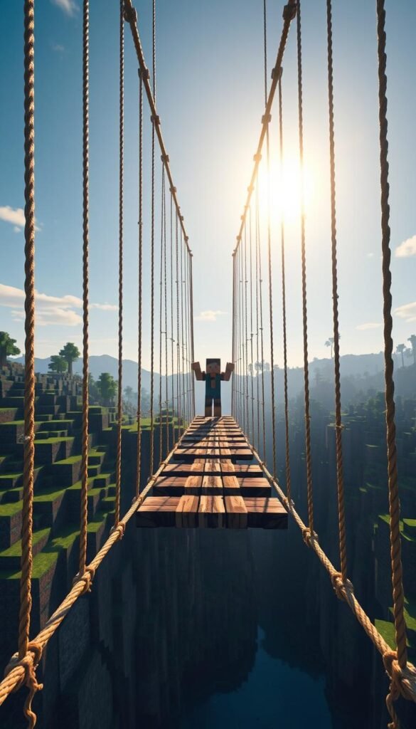 A detailed, cinematic render of a minecraft rope bridge tutorial. In the foreground, a sturdy rope bridge sways gently over a deep ravine, its wooden planks and thick ropes casting long shadows in the afternoon sun. In the middle ground, a virtual instructor demonstrates the bridge construction technique, their hands deftly tying knots and securing the ropes. The background features a lush, blocky minecraft landscape, with rolling hills, towering trees, and a clear blue sky. Realistic lighting creates a warm, inviting atmosphere, highlighting the textural details of the materials. The overall scene conveys a sense of rustic, handcrafted adventure. A detailed, cinematic render of a minecraft rope bridge tutorial. In the foreground, a sturdy rope bridge sways gently over a deep ravine, its wooden planks and thick ropes casting long shadows in the afternoon sun. In the middle ground, a virtual instructor demonstrates the bridge construction technique, their hands deftly tying knots and securing the ropes. The background features a lush, blocky minecraft landscape, with rolling hills, towering trees, and a clear blue sky. Realistic lighting creates a warm, inviting atmosphere, highlighting the textural details of the materials. The overall scene conveys a sense of rustic, handcrafted adventure.