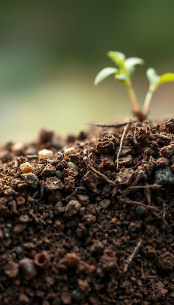 A detailed cross-section of rich, fertile soil composition, meticulously analyzed. In the foreground, various soil particles and minerals are magnified, revealing their intricate structures and hues. The middle ground showcases the complex web of roots, microorganisms, and organic matter that contribute to the soil's vitality. In the background, a soft, diffused light illuminates the scene, creating a serene and contemplative atmosphere. Captured with a high-resolution macro lens, this image conveys the pivotal role soil plays in shaping the lush, thriving landscapes of gardens.