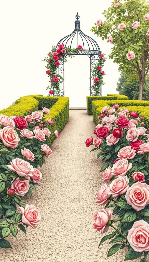 A detailed, hand-drawn rose garden layout sketch captured in a soft, warm light. In the foreground, neatly arranged rose bushes in various hues of pink, red, and white, their petals gently unfurling. The middle ground features a winding gravel path, flanked by lush, manicured hedges. In the background, a wrought-iron gazebo or trellis, adorned with climbing roses, creates a focal point. The overall composition conveys a sense of tranquility and timeless elegance, inviting the viewer to envision the perfect bloom in this carefully planned rose garden design. A detailed, hand-drawn rose garden layout sketch captured in a soft, warm light. In the foreground, neatly arranged rose bushes in various hues of pink, red, and white, their petals gently unfurling. The middle ground features a winding gravel path, flanked by lush, manicured hedges. In the background, a wrought-iron gazebo or trellis, adorned with climbing roses, creates a focal point. The overall composition conveys a sense of tranquility and timeless elegance, inviting the viewer to envision the perfect bloom in this carefully planned rose garden design.