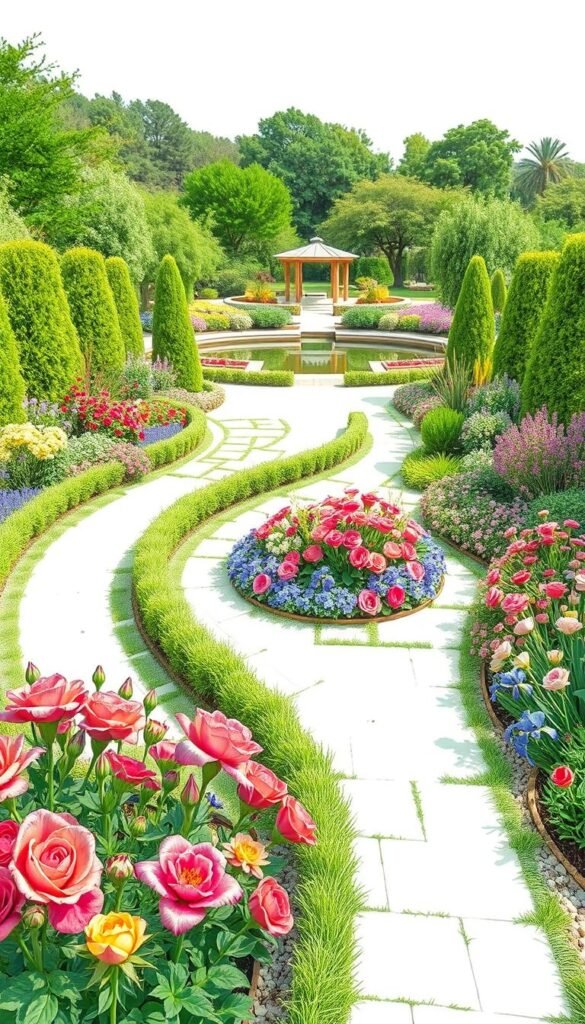 A detailed sketch of a lush garden plan, with a central path winding through vibrant flower beds and neatly manicured shrubbery. The foreground features a variety of colorful blooms, including roses, irises, and peonies, while the middle ground showcases a well-proportioned layout of raised beds and garden beds. In the background, a serene pond reflects the surrounding greenery, with a gazebo or pergola providing a focal point. The scene is illuminated by soft, natural lighting, captured with a wide-angle lens to convey a sense of depth and scale. The overall mood is one of tranquility and careful planning, befitting the initial stage of garden design.