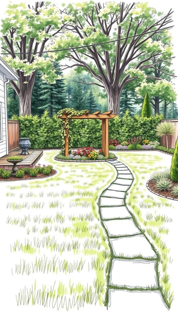 A detailed sketch of a well-organized residential yard layout, showcasing a harmonious balance of functional spaces and lush greenery. The foreground features a neatly manicured lawn, punctuated by a meandering stone pathway leading to a centrally positioned wooden pergola, adorned with climbing vines. The middle ground boasts a vibrant flower garden, bursting with a variety of colorful blooms. In the background, a row of mature trees provides a natural backdrop, casting a warm, dappled light across the scene. The overall composition conveys a sense of tranquility and thoughtful design, inviting the viewer to envision the potential of their own outdoor space.