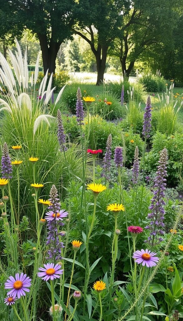 A diverse array of native plants thriving in a lush, sun-dappled garden. In the foreground, vibrant wildflowers in shades of purple, yellow, and red sway gently in a light breeze. The middle ground features a mix of verdant foliage, including tall grasses, ferns, and shrubs, creating a layered, textured landscape. In the background, a line of mature trees provides a natural canopy, casting warm, soft lighting over the scene. The overall mood is one of tranquility, showcasing the beauty and harmony of a thriving native plant ecosystem.