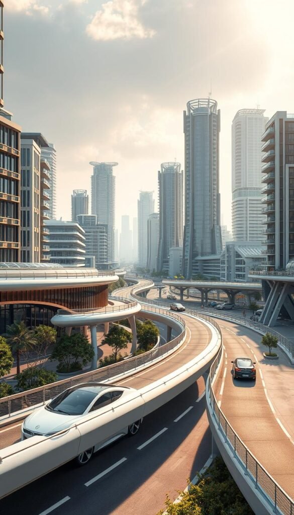 A futuristic cityscape featuring sleek, interconnected smart city technologies seamlessly integrated into the urban landscape. In the foreground, autonomous electric vehicles navigating a network of elevated walkways and bike lanes, powered by renewable energy sources. The middle ground showcases a series of intelligent, sustainable buildings with solar panels, smart windows, and green facades. In the background, a complex of high-rise towers equipped with cutting-edge IoT sensors, energy-efficient cooling systems, and smart lighting that adapts to the changing needs of the city. The scene is bathed in a warm, ambient glow, creating a harmonious, technologically-advanced urban oasis.