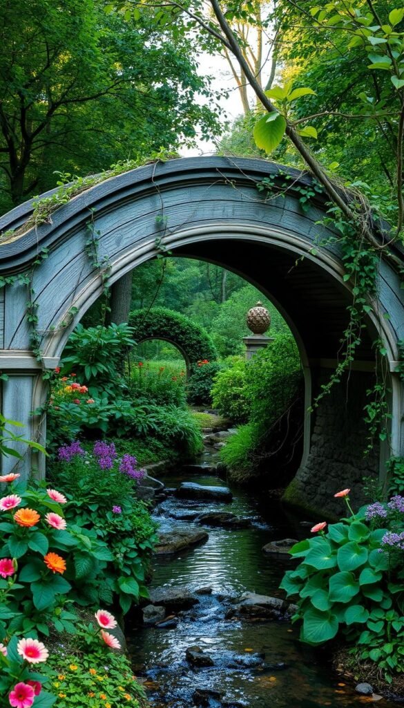 A graceful curved garden bridge spanning a tranquil stream, arching over lush foliage and vibrant flowers. The structure is constructed from weathered wood and stone, blending seamlessly into the natural landscape. Delicate vines and trailing plants cascade down the sides, adding a sense of lush, organic beauty. Soft, diffused lighting filters through the canopy of trees, casting a warm, golden glow across the scene. The bridge invites visitors to slow their pace and appreciate the serene, meandering path it provides, guiding them through the verdant garden oasis. A graceful curved garden bridge spanning a tranquil stream, arching over lush foliage and vibrant flowers. The structure is constructed from weathered wood and stone, blending seamlessly into the natural landscape. Delicate vines and trailing plants cascade down the sides, adding a sense of lush, organic beauty. Soft, diffused lighting filters through the canopy of trees, casting a warm, golden glow across the scene. The bridge invites visitors to slow their pace and appreciate the serene, meandering path it provides, guiding them through the verdant garden oasis.
