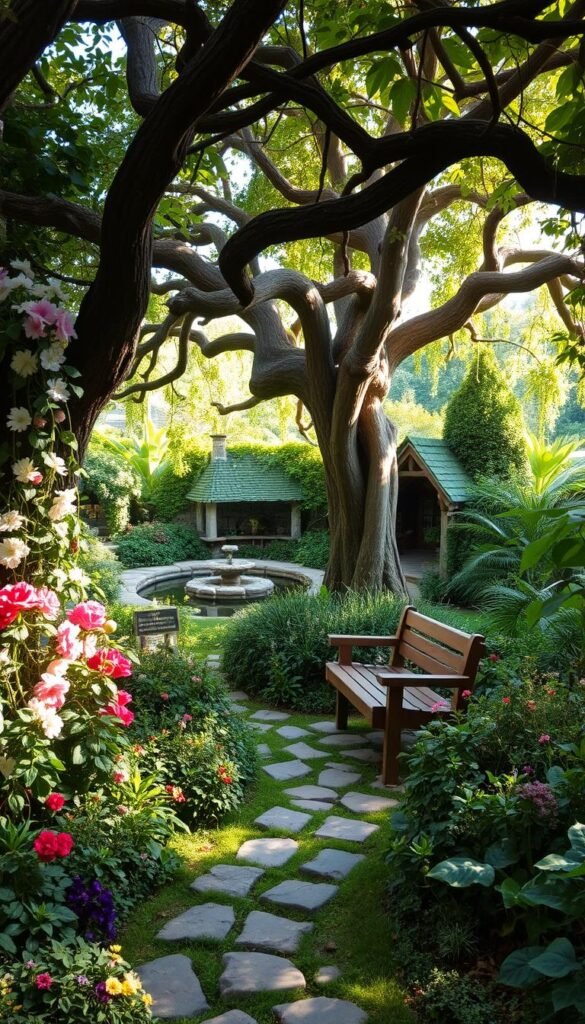 A hidden garden retreat, where lush foliage and charming structures create a whimsical, fairytale-like atmosphere. In the foreground, a quaint stone path winds through a profusion of blooming flowers and trailing vines, inviting visitors to discover the secrets within. In the middle ground, a rustic wooden bench nestles beneath a canopy of ancient, gnarled trees, their branches casting dappled shadows across the scene. In the background, a small, picturesque pond reflects the dancing light, surrounded by a mosaic of greenery and hidden alcoves. The overall mood is one of enchantment and tranquility, a serene oasis that beckons the viewer to pause, explore, and lose themselves in the magic of this enchanted garden.