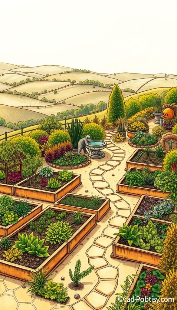 A highly detailed, hand-drawn garden planning map, rendered in a warm, earthy color palette. The foreground depicts a layout of raised garden beds, neatly arranged in an organic, asymmetrical pattern, showcasing a variety of vegetables, herbs, and edible flowers. The middle ground features a winding stone path, flanked by lush, vibrant foliage, with a small water feature or birdbath in the corner. In the background, a serene landscape unfolds, with rolling hills, a distant tree line, and a softly lit sky, creating a sense of tranquility and harmony. The map is expertly shaded, with a focus on texture and depth, conveying a sense of careful planning and attention to detail, suitable for a veggie garden design article. A highly detailed, hand-drawn garden planning map, rendered in a warm, earthy color palette. The foreground depicts a layout of raised garden beds, neatly arranged in an organic, asymmetrical pattern, showcasing a variety of vegetables, herbs, and edible flowers. The middle ground features a winding stone path, flanked by lush, vibrant foliage, with a small water feature or birdbath in the corner. In the background, a serene landscape unfolds, with rolling hills, a distant tree line, and a softly lit sky, creating a sense of tranquility and harmony. The map is expertly shaded, with a focus on texture and depth, conveying a sense of careful planning and attention to detail, suitable for a veggie garden design article.