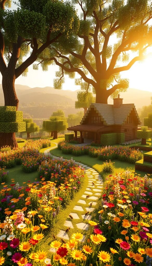 A lush Minecraft-inspired bee garden, bathed in warm golden sunlight. In the foreground, a vibrant flower bed overflows with colorful blossoms, buzzing with a colony of industrious honey bees. Winding paths of cobblestone and grass lead through the middle ground, framed by towering oak trees with gentle swaying leaves. In the background, a whimsical Minecraft-style house nestles amidst rolling hills, its thatched roof and wooden beams complementing the natural landscape. The scene exudes a sense of tranquility and harmonious coexistence between the virtual and the real. A lush Minecraft-inspired bee garden, bathed in warm golden sunlight. In the foreground, a vibrant flower bed overflows with colorful blossoms, buzzing with a colony of industrious honey bees. Winding paths of cobblestone and grass lead through the middle ground, framed by towering oak trees with gentle swaying leaves. In the background, a whimsical Minecraft-style house nestles amidst rolling hills, its thatched roof and wooden beams complementing the natural landscape. The scene exudes a sense of tranquility and harmonious coexistence between the virtual and the real.