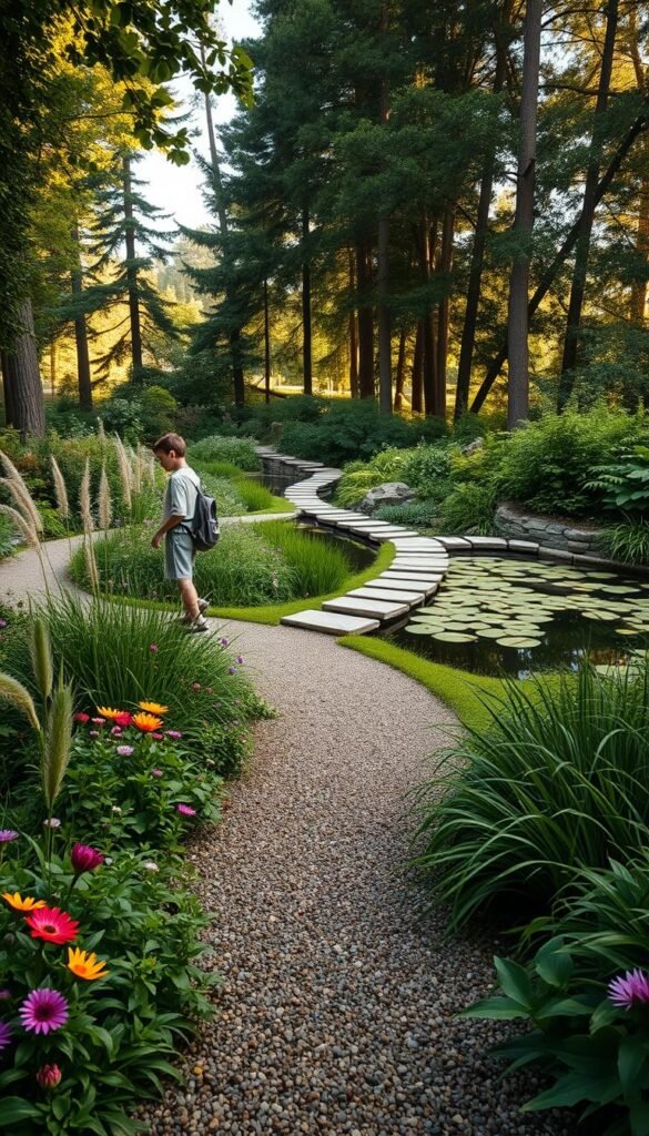 A lush and vibrant family garden, with meandering pathways winding through verdant foliage. In the foreground, a gravel path leads through a mix of perennial flowers and ornamental grasses, inviting exploration. The middle ground features a series of stepping stones across a tranquil pond, where water lilies float serenely. Tall trees line the background, casting a warm, dappled light over the scene. The overall atmosphere is one of serene harmony, where nature and family coexist in perfect balance. Captured with a wide-angle lens, the image showcases the dynamic interplay of hardscape, water, and verdant plantings that create a truly captivating and functional outdoor space.