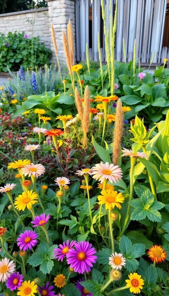 A lush and vibrant garden scene showcasing a diverse selection of seasonal plants. In the foreground, a mix of colorful flowers blooms, their petals catching the warm, golden light. The middle ground features a variety of leafy plants, their textures and shades creating a harmonious tapestry. In the background, a few carefully chosen architectural elements, such as a stone wall or a weathered wooden fence, provide a natural backdrop, complementing the organic shapes and hues of the plants. The overall composition conveys a sense of balance, seasonality, and the beauty of nature's cyclical rhythms. A lush and vibrant garden scene showcasing a diverse selection of seasonal plants. In the foreground, a mix of colorful flowers blooms, their petals catching the warm, golden light. The middle ground features a variety of leafy plants, their textures and shades creating a harmonious tapestry. In the background, a few carefully chosen architectural elements, such as a stone wall or a weathered wooden fence, provide a natural backdrop, complementing the organic shapes and hues of the plants. The overall composition conveys a sense of balance, seasonality, and the beauty of nature's cyclical rhythms.