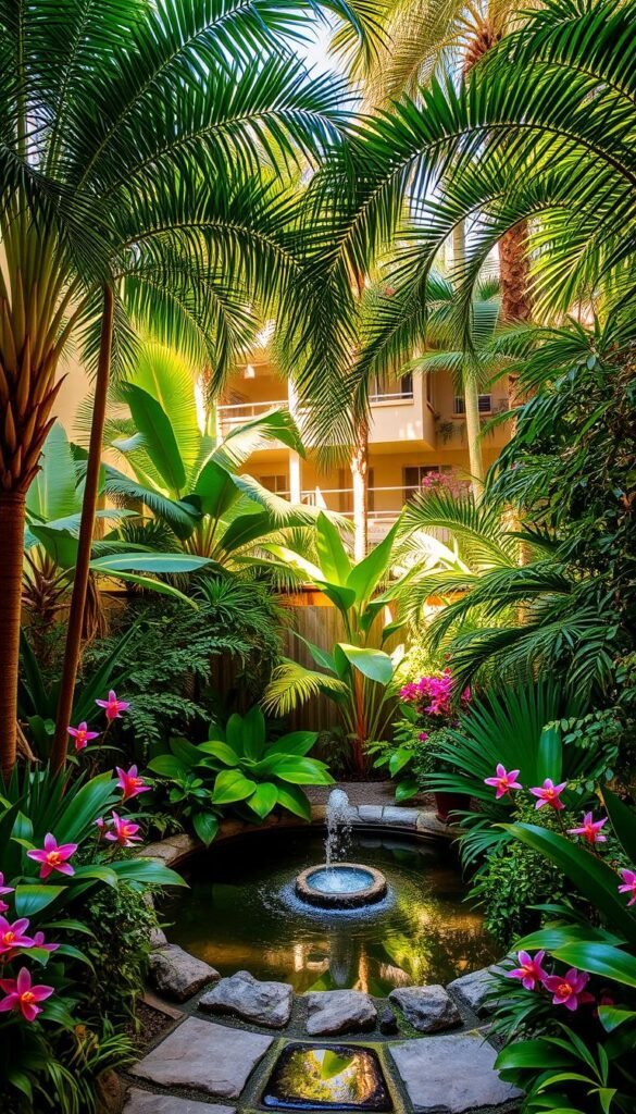 A lush and vibrant tropical garden flourishes in a cozy, sun-drenched courtyard. Towering palms and verdant ferns create a verdant canopy, casting dappled light upon a mosaic of colorful blooms - exotic orchids, fragrant gingers, and trailing vines. A small reflecting pool mirrors the scene, its still surface interrupted by the gentle splash of a trickling fountain. Stone pathways wind through the lush greenery, inviting exploration. Warm, golden light filters through the foliage, imbuing the space with a sense of tranquility and escape. This tropical oasis, carefully curated within a compact urban setting, offers a serene sanctuary to embrace the natural beauty of the tropics.