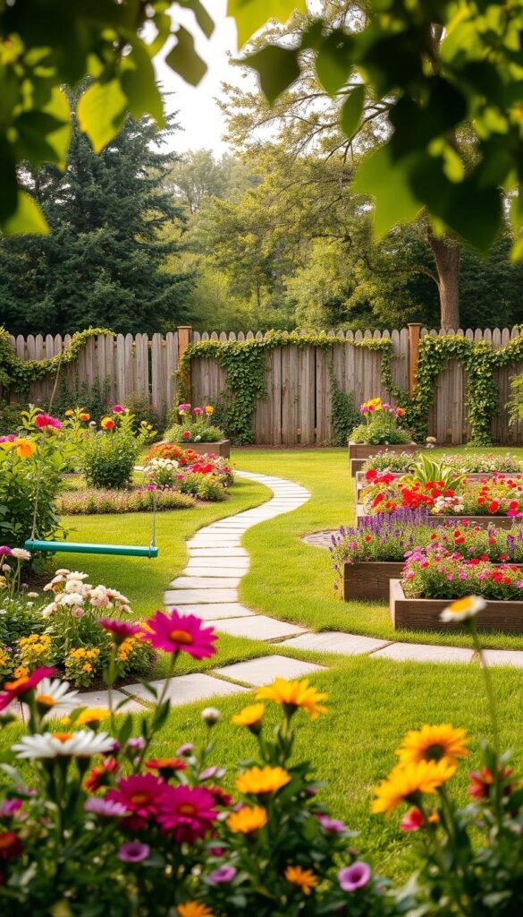 A lush, child-friendly garden filled with vibrant colors and whimsical elements. In the foreground, a playful swing set nestled amongst colorful flowers and a verdant lawn, inviting young adventurers to explore. The middle ground showcases a paved pathway winding through the garden, flanked by raised garden beds overflowing with fragrant blooms. In the background, a picturesque fence covered in trailing vines and a backdrop of mature trees, creating a serene and natural ambiance. Soft, warm lighting filters through the leaves, casting a gentle glow over the entire scene. The overall atmosphere is one of joy, imagination, and a perfect balance between playful activity and natural beauty.