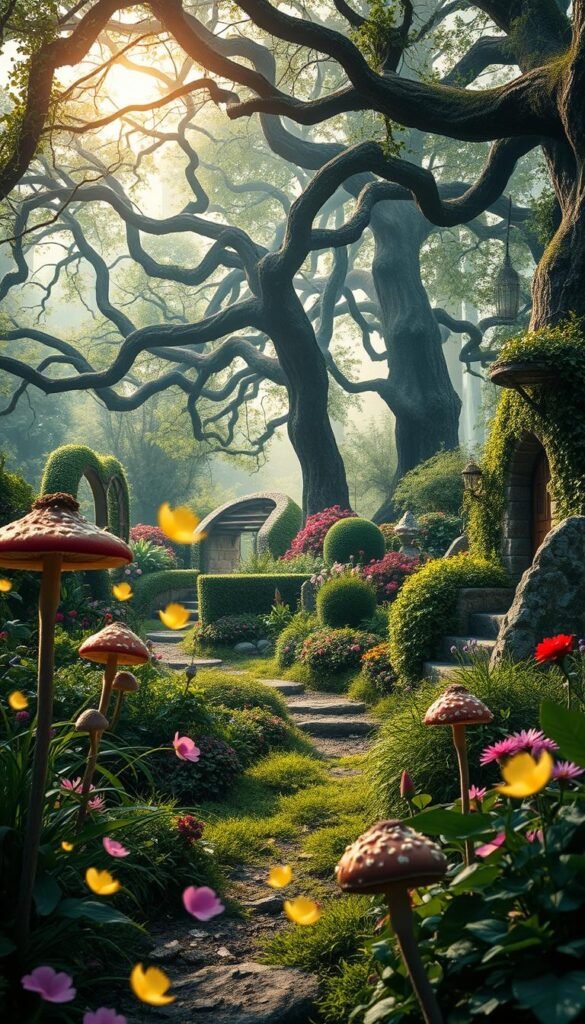 A lush, enchanted fairy tale garden with an ethereal, dreamlike atmosphere. In the foreground, whimsical toadstools, glowing fireflies, and delicate flower petals gently sway in a soft breeze. The middle ground reveals a winding garden path lined with vibrant blooms, towering hedges, and a babbling brook. In the background, a canopy of gnarled, ancient trees filters dappled sunlight, casting a magical glow across the scene. Intricate vines and mossy stones add to the sense of timeless wonder. The overall composition evokes a sense of timeless fantasy and enchantment, inviting the viewer to step into a storybook world.