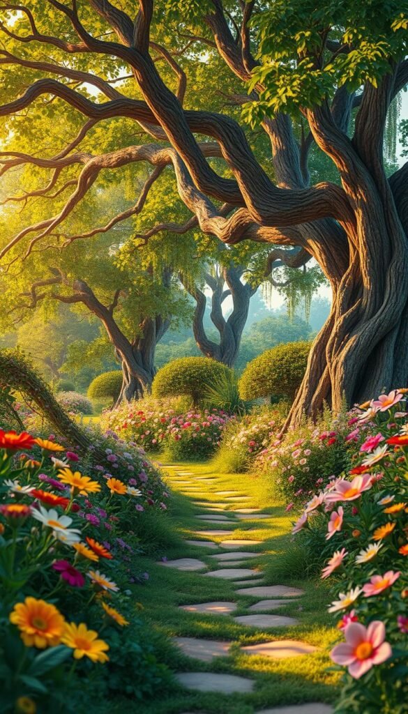 A lush, enchanting fairy tale garden unfolds before you, a winding path leading into a world of wonder. In the foreground, vibrant flowers in whimsical hues sway gently in a soft breeze, their petals like delicate fairy wings. Towering trees with gnarled, ancient branches form a verdant canopy overhead, casting a warm, golden glow upon the scene. Hidden amid the verdant foliage, mystical creatures peek out curiously, their eyes sparkling with mischief. The path winds through this enchanted realm, inviting you to embark on a storybook journey, where the boundaries between reality and fantasy blur, and the magic of the garden envelops you in its timeless embrace.
