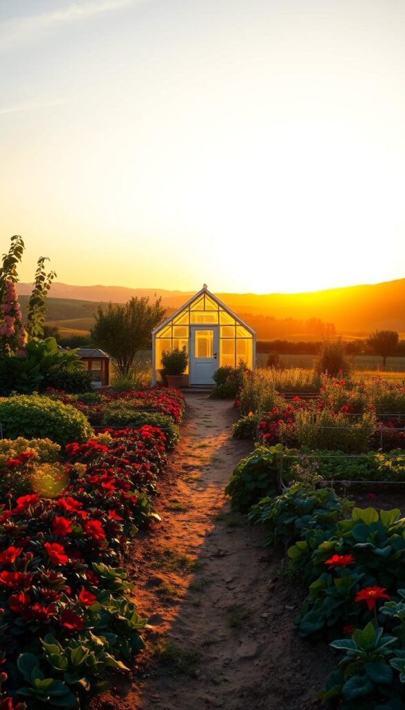 A lush, flourishing garden set against a warm, golden sunset. In the foreground, a path winds through vibrant beds of vegetables and flowers, inviting the viewer on a creative journey of discovery. The middle ground features a whimsical greenhouse, its glass panels reflecting the warm evening light. In the background, rolling hills and a boundless sky create a sense of peaceful tranquility. The overall atmosphere is one of inspiration and wonder, encouraging the viewer to explore the infinite possibilities of garden design. A lush, flourishing garden set against a warm, golden sunset. In the foreground, a path winds through vibrant beds of vegetables and flowers, inviting the viewer on a creative journey of discovery. The middle ground features a whimsical greenhouse, its glass panels reflecting the warm evening light. In the background, rolling hills and a boundless sky create a sense of peaceful tranquility. The overall atmosphere is one of inspiration and wonder, encouraging the viewer to explore the infinite possibilities of garden design.
