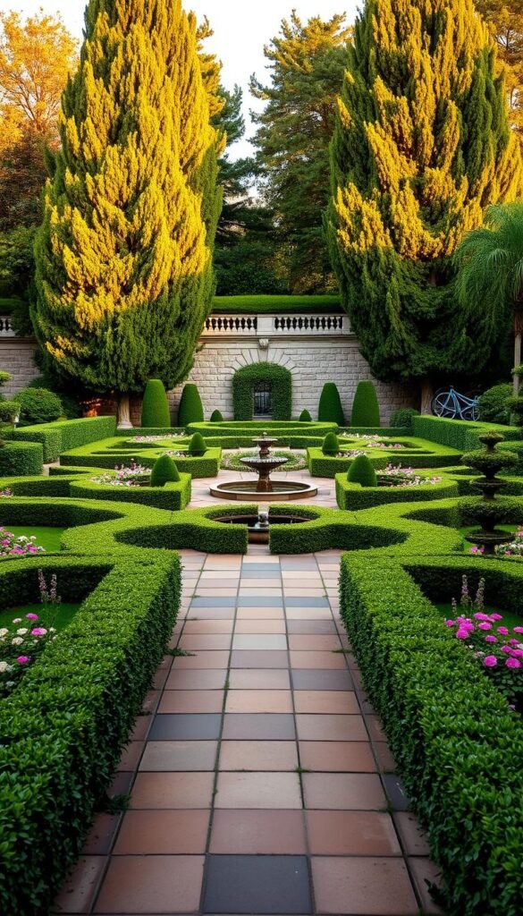 A lush, formal garden with symmetrical hedges, neatly trimmed topiaries, and a centered water feature. The foreground features a tiled pathway leading the eye toward the middle ground, where precisely placed flowering plants and shrubs create a balanced, geometric design. The background showcases a stately stone wall or fence, partially obscured by tall, verdant trees that filter the warm, golden light. The overall atmosphere is one of tranquility, order, and thoughtful design, reflecting the principles of balanced symmetry and strategic asymmetry.