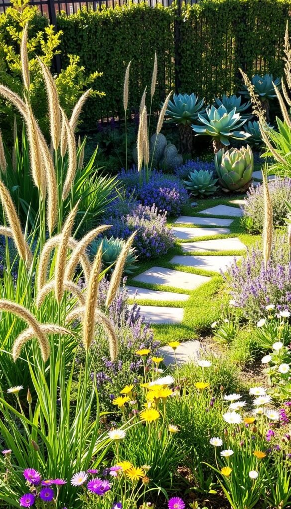 A lush garden bed teeming with vibrant native plants, bathed in warm afternoon sunlight. In the foreground, a mix of tall, swaying grasses and low-growing wildflowers in shades of purple, yellow, and white. A meandering stone path winds through the center, inviting exploration. In the middle ground, sculptural succulents and drought-tolerant shrubs cascade over the edges, creating a sense of depth and texture. The background is framed by a fence covered in climbing vines, hinting at the tranquil, secluded nature of this oasis. The overall composition evokes a sense of harmony, where nature and human design coexist in perfect balance.