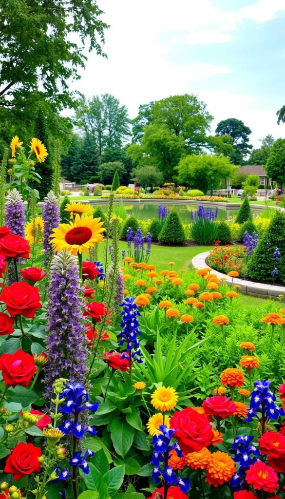 A lush garden filled with vibrant, harmonious color palettes. The foreground showcases a diverse array of blooming flowers - crimson roses, golden sunflowers, lavender sprigs, and azure delphiniums. The middle ground features carefully curated planting beds, with contrasting hues of green foliage, punctuated by splashes of orange marigolds and purple irises. In the background, a tranquil pond reflects the azure sky, complemented by the soft, dappled light filtering through a canopy of verdant trees. The overall scene exudes a sense of balance, serenity, and the perfect blend of colors that elevate the beauty of the outdoor space.