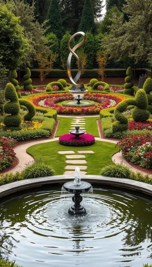A lush garden layout with a central water feature, surrounded by meandering pathways and artfully placed sculptural elements. The foreground showcases a serene pond with a modern, minimalist fountain, its gentle splashing creating a soothing ambiance. In the middle ground, carefully curated beds of vibrant flowers and sculpted topiaries frame the scene, leading the eye towards the background. There, a striking metal sculpture stands as the focal point, its dynamic form casting dynamic shadows across the landscaping. Warm, diffused lighting bathes the entire composition, creating a sense of depth and atmosphere. The overall design exudes a harmonious balance of natural and artistic elements, inviting the viewer to immerse themselves in this visually captivating garden oasis.