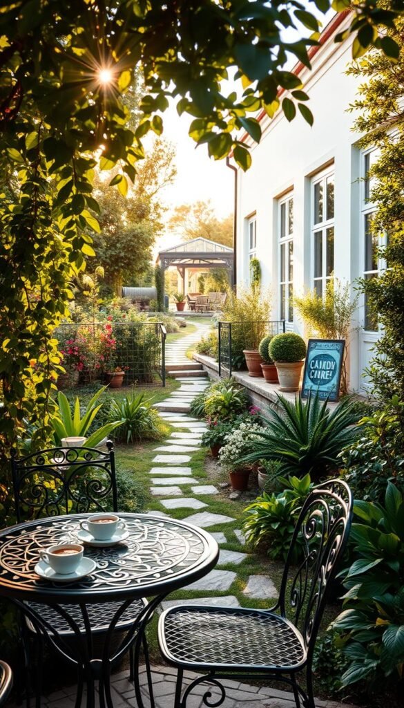 A lush garden oasis, bathed in warm afternoon light, with a charming outdoor cafe nestled amidst thriving greenery. In the foreground, a wrought-iron table and chairs invite guests to linger over cups of aromatic coffee and freshly baked pastries. Trailing vines and potted plants add a touch of natural elegance, while the middle ground features a winding stone path leading deeper into the garden, where cozy nooks and intimate seating areas beckon. In the background, a whitewashed building with large windows and a sun-dappled patio creates a sense of peaceful seclusion, evoking the tranquil ambiance of a hidden gem. The overall scene radiates a inviting, serene atmosphere, captivating the senses and inspiring a desire to step into this enchanting garden cafe vision. A lush garden oasis, bathed in warm afternoon light, with a charming outdoor cafe nestled amidst thriving greenery. In the foreground, a wrought-iron table and chairs invite guests to linger over cups of aromatic coffee and freshly baked pastries. Trailing vines and potted plants add a touch of natural elegance, while the middle ground features a winding stone path leading deeper into the garden, where cozy nooks and intimate seating areas beckon. In the background, a whitewashed building with large windows and a sun-dappled patio creates a sense of peaceful seclusion, evoking the tranquil ambiance of a hidden gem. The overall scene radiates a inviting, serene atmosphere, captivating the senses and inspiring a desire to step into this enchanting garden cafe vision.