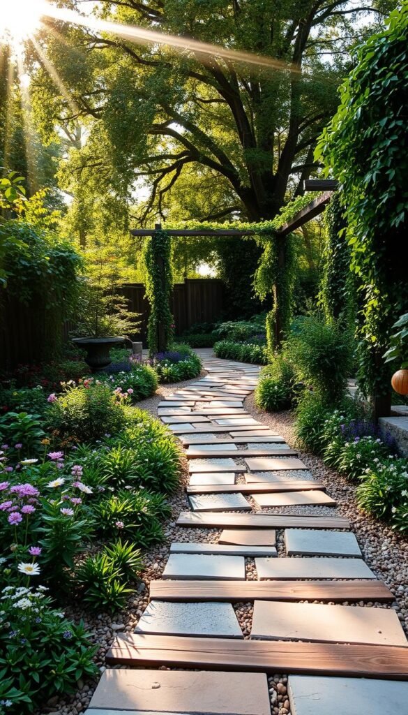 A lush garden pathway, winding through a tranquil oasis. Smooth stone pavers in warm earth tones form the base, bordered by colorful groundcover and delicate wildflowers. Wooden planks or rustic stepping stones add natural texture, while gravel or crushed shells create a crunchy, inviting surface. Dappled sunlight filters through overhead trees, casting a serene, golden glow. Ornamental archways or pergolas frame the path, draped with cascading vines. The scene exudes a sense of peaceful exploration, inviting the viewer to meander through this verdant, well-designed landscape.