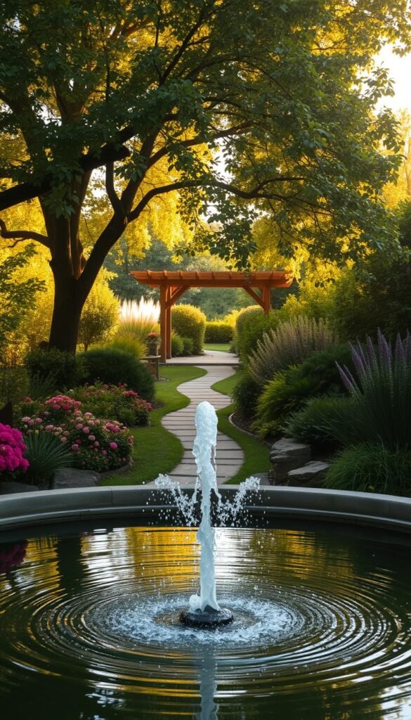A lush garden retreat with a serene water feature, bathed in warm, golden afternoon light. In the foreground, a tranquil pond reflects the surrounding greenery and a gently cascading fountain. Mature trees and flowering shrubs create a secluded, intimate atmosphere, inviting visitors to pause and immerse themselves in the calming sounds of water. The middle ground features a winding path leading deeper into the garden, flanked by colorful blooms and ornamental grasses. In the background, a picturesque wooden gazebo or pergola provides a shaded gathering space, complementing the overall harmonious design. The scene evokes a sense of relaxation and connection with nature, perfectly capturing the impact of water features in garden design.