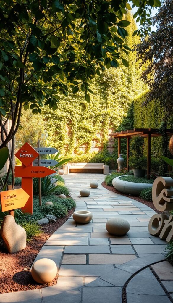 A lush garden scene filled with vibrant environmental graphic design elements. In the foreground, a collection of playful signage, wayfinding markers, and dimensional typographic sculptures in organic shapes and earthy tones create a captivating visual landscape. The middle ground features artfully arranged pavers, stone pathways, and sculptural planters that seamlessly integrate with the surrounding foliage. In the background, a verdant wall of climbing vines and strategically placed trellises add depth and texture, casting warm, dramatic shadows across the scene. Warm, golden lighting filters through the leaves, evoking a sense of tranquility and natural harmony. The overall composition emphasizes the power of thoughtfully curated graphic design to enhance and amplify the beauty of the outdoor environment.