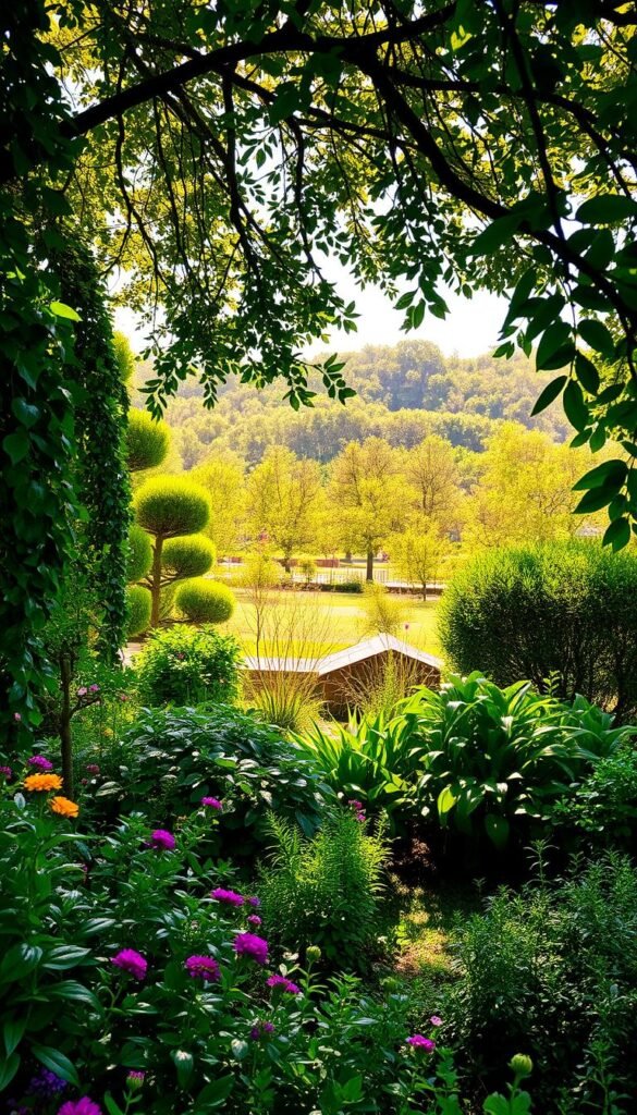 A lush garden with layers of vibrant foliage and dappled sunlight filtering through. In the foreground, a mix of flowering plants and verdant greens cascade across the scene. The middle ground features towering shrubs and small trees, their branches casting intricate shadows on the ground below. In the background, a distant treeline frames the composition, bathed in warm, golden rays of sunshine. The overall atmosphere is one of serene tranquility, inviting the viewer to explore the depth and dimensionality of this meticulously designed outdoor space.