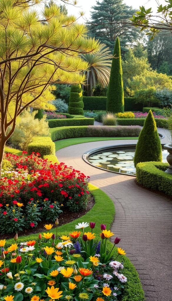 A lush, harmonious garden design with a focus on balance, rhythm, and visual interest. In the foreground, a neatly arranged border of colorful perennials and annuals, their shapes and hues complementing each other. The middle ground features a gently curving pathway, flanked by neatly trimmed hedges and punctuated by strategically placed ornamental trees, their branches casting delicate shadows. In the background, a tranquil pond reflects the sky, its surface broken by the soft movement of water lilies. The overall scene is bathed in warm, golden light, creating a sense of depth and atmosphere. A cohesive and thoughtfully planned garden that exemplifies the principles of design.