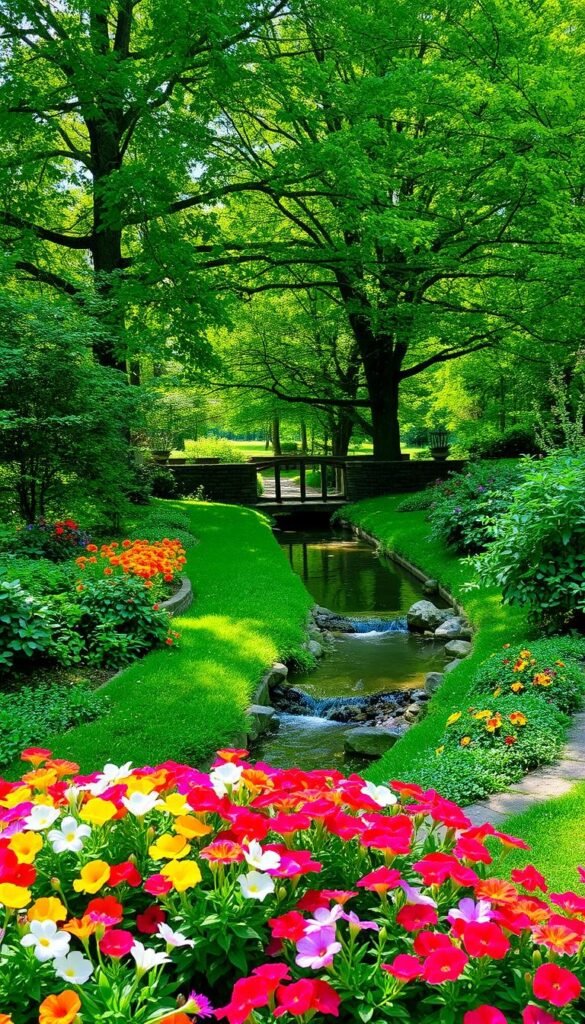 A lush, harmonious garden setting with a balance of natural and architectural elements. In the foreground, a meticulously tended flower bed bursts with vibrant blooms in a riot of colors. A gently flowing stream meanders through the scene, its surface reflecting the dappled sunlight filtering through the canopy of verdant trees in the middle ground. Framing the serene landscape, a well-crafted stone wall blends seamlessly with the surrounding foliage, creating a sense of timeless elegance. The overall composition exudes a tranquil, contemplative atmosphere, inviting the viewer to immerse themselves in the harmonious fusion of nature and human-made structures.