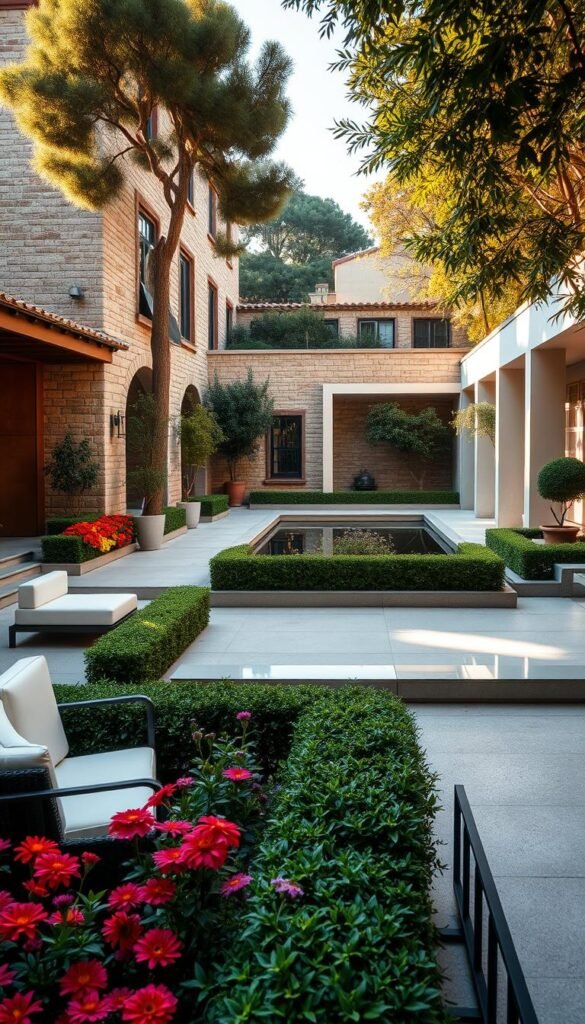 A lush, harmonious outdoor space where traditional and contemporary elements seamlessly coexist. In the foreground, a manicured garden with vibrant flowers and neatly trimmed hedges, complemented by sleek, modern seating arrangements. The middle ground features a tranquil water feature, its smooth, mirrored surface reflecting the surrounding architecture. In the background, a blend of classic stone walls and minimalist, angular structures create a captivating visual contrast, bathed in warm, golden sunlight. The overall atmosphere exudes a sense of balance, inviting visitors to immerse themselves in the fusion of timeless and modern design. A lush, harmonious outdoor space where traditional and contemporary elements seamlessly coexist. In the foreground, a manicured garden with vibrant flowers and neatly trimmed hedges, complemented by sleek, modern seating arrangements. The middle ground features a tranquil water feature, its smooth, mirrored surface reflecting the surrounding architecture. In the background, a blend of classic stone walls and minimalist, angular structures create a captivating visual contrast, bathed in warm, golden sunlight. The overall atmosphere exudes a sense of balance, inviting visitors to immerse themselves in the fusion of timeless and modern design.