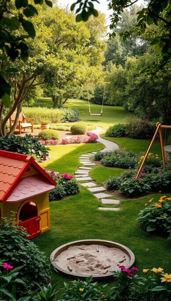 A lush, inviting garden scene with vibrant greenery and whimsical play elements. In the foreground, a colorful playhouse and sandbox encourage imaginative exploration. The middle ground features a winding path and a secluded seating area, surrounded by flourishing flower beds and strategically placed shade trees. In the background, a playful wooden swing set and a gently sloping lawn invite active play. Soft, diffused natural lighting casts a warm, welcoming glow over the entire space, creating an atmosphere of family-friendly tranquility. The composition balances the functional play zones with visually appealing garden design, reflecting the harmony between activity and beauty.