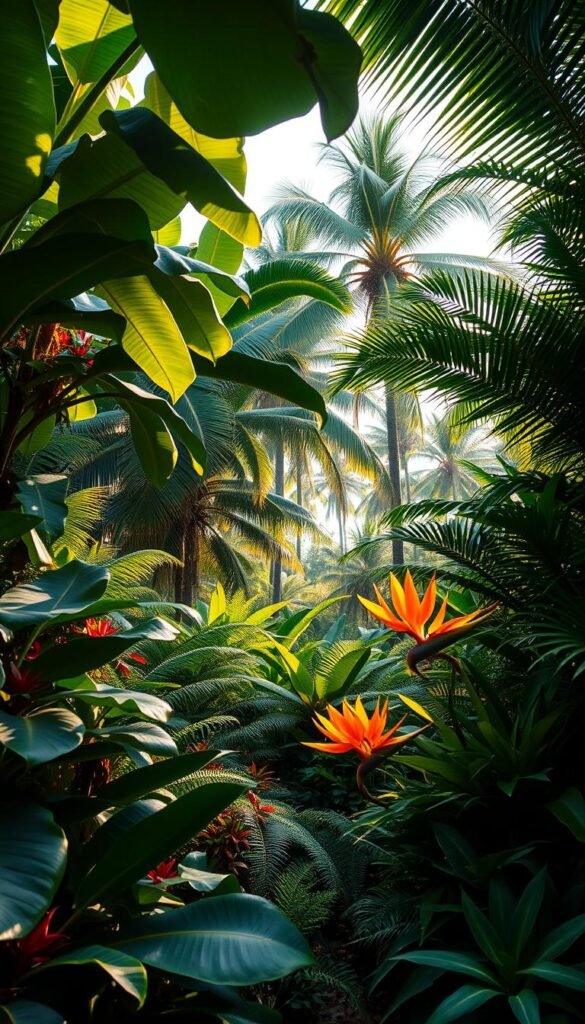 A lush, layered tropical garden design, with vibrant foliage and a serene atmosphere. In the foreground, large-leaved plants like banana trees and philodendrons create a dense, jungle-like canopy. The middle ground features cascading ferns, vibrant bromeliads, and exotic flowers like bird of paradise and heliconia, bathed in warm, dappled sunlight. In the background, tall palm trees sway gently, framing the scene and leading the eye deeper into the verdant oasis. The overall composition evokes a sense of tranquility and escapism, transporting the viewer to a secluded tropical paradise. Captured with a wide-angle lens, the image has a cinematic, immersive quality, inviting the viewer to step into this lush, layered tropical garden design.
