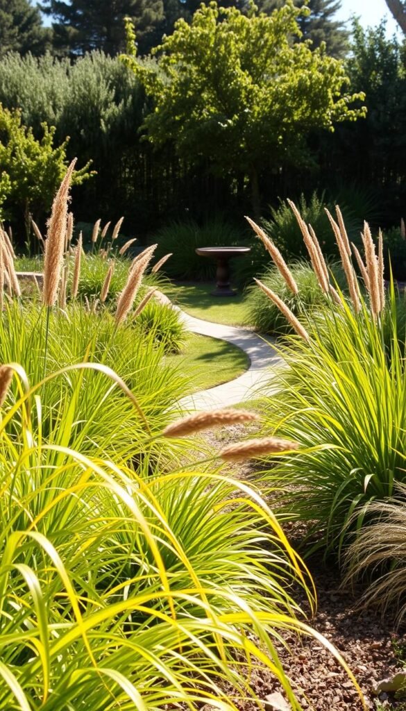 A lush, low-maintenance garden with verdant foliage and gently flowing lines. In the foreground, a mix of drought-tolerant perennials and ornamental grasses sway in a warm, natural light. The middle ground showcases a simple, curved pathway leading to a serene focal point, perhaps a birdbath or a small seating area. In the background, a backdrop of native shrubs and trees creates a sense of privacy and enclosure, while allowing for ample sunlight. The overall atmosphere is one of tranquility and effortless beauty, inviting the viewer to imagine a garden that requires minimal upkeep but delivers maximum enjoyment.
