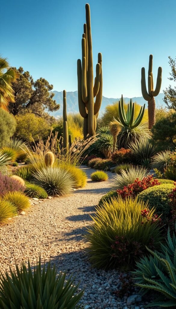 A lush, low-water, fire-resistant garden oasis bathed in warm afternoon sunlight. In the foreground, drought-tolerant succulents and native shrubs thrive. The middle ground features a winding gravel path lined with ornamental grasses and compact, evergreen plants. Tall, sculptural agave plants and towering yucca create a striking focal point in the background, against a hazy blue sky. The composition highlights the harmonious blend of form, texture, and color, showcasing an sustainable, wildfire-adapted landscape design.