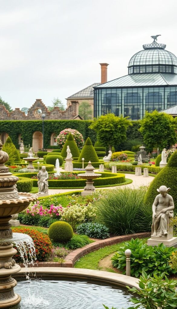 A lush, manicured garden blending historical and modern elements. In the foreground, cascading fountains and ornate stone statues from a bygone era mingle with contemporary geometric sculptures and water features. The middle ground showcases a harmonious mix of traditional perennial beds and stylized topiary shapes. In the background, a striking glass conservatory structure with clean lines and metallic accents provides a stunning contrast to the classical architectural ruins nearby. Soft, diffused natural lighting filters through the scene, creating a serene, dreamlike atmosphere that transports the viewer to a timeless, elegant space where the past and present coexist in perfect harmony. A lush, manicured garden blending historical and modern elements. In the foreground, cascading fountains and ornate stone statues from a bygone era mingle with contemporary geometric sculptures and water features. The middle ground showcases a harmonious mix of traditional perennial beds and stylized topiary shapes. In the background, a striking glass conservatory structure with clean lines and metallic accents provides a stunning contrast to the classical architectural ruins nearby. Soft, diffused natural lighting filters through the scene, creating a serene, dreamlike atmosphere that transports the viewer to a timeless, elegant space where the past and present coexist in perfect harmony.