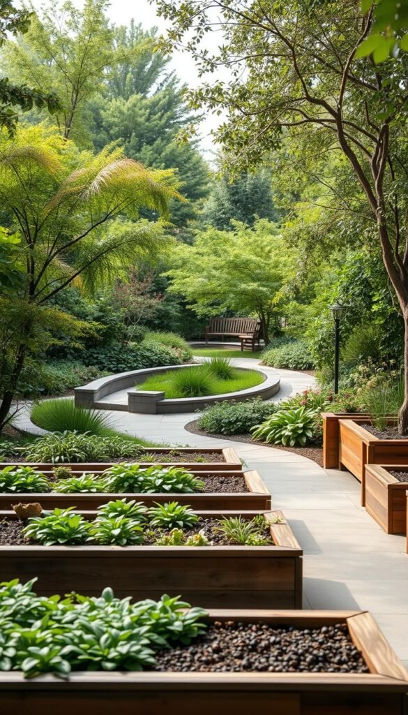A lush, meticulously designed garden showcasing adaptive techniques for inclusive outdoor spaces. In the foreground, neatly arranged raised garden beds with varied heights and textures, allowing easy access for users of all abilities. The middle ground features a winding, accessible path with gentle slopes and smooth paving, leading to a serene seating area shaded by a canopy of thriving, diverse vegetation. The background depicts a harmonious blend of native flora, strategically positioned to provide ample sensory stimulation and visual interest. Soft, diffused lighting illuminates the scene, creating a calming, welcoming atmosphere. The overall composition conveys a sense of accessibility, inclusivity, and a harmonious integration of human-centered design within a natural, flourishing environment. A lush, meticulously designed garden showcasing adaptive techniques for inclusive outdoor spaces. In the foreground, neatly arranged raised garden beds with varied heights and textures, allowing easy access for users of all abilities. The middle ground features a winding, accessible path with gentle slopes and smooth paving, leading to a serene seating area shaded by a canopy of thriving, diverse vegetation. The background depicts a harmonious blend of native flora, strategically positioned to provide ample sensory stimulation and visual interest. Soft, diffused lighting illuminates the scene, creating a calming, welcoming atmosphere. The overall composition conveys a sense of accessibility, inclusivity, and a harmonious integration of human-centered design within a natural, flourishing environment.