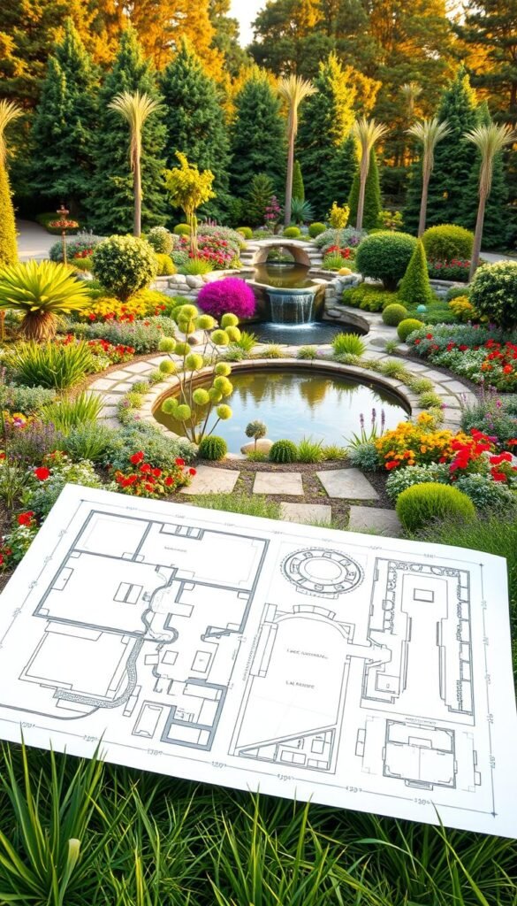 A lush, meticulously designed garden with a harmonious layout showcasing the fundamentals of landscape planning. In the foreground, a detailed sketch of a garden blueprint with geometric shapes, pathways, and designated plant beds. The middle ground features a serene pond with a gentle waterfall, surrounded by an array of vibrant flowers, shrubs, and trees in a balanced composition. The background depicts a warm, golden-hour lighting, casting soft shadows and highlighting the garden's depth and dimension. The overall scene conveys a sense of tranquility, inviting the viewer to envision the process of thoughtfully planning and designing an exceptional outdoor space.