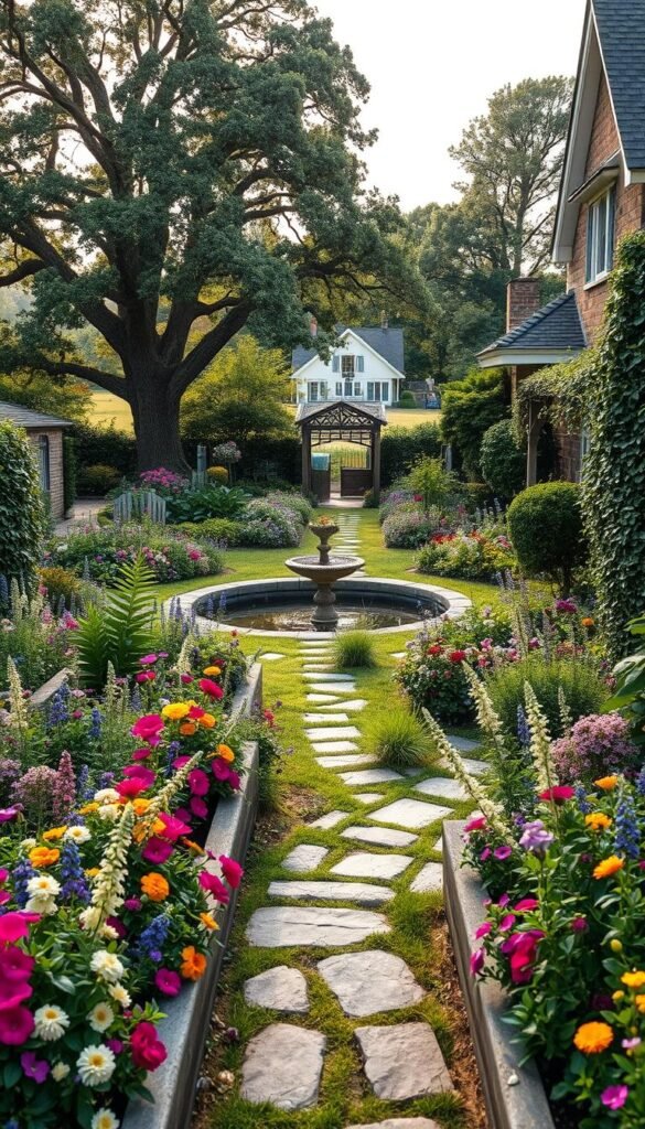 A lush, meticulously planned cottage garden layout unfolds, with meandering paths guiding the eye through a harmonious tapestry of vibrant blooms and verdant foliage. In the foreground, raised garden beds brimming with an array of flowering perennials and herbs create a sense of ordered chaos. Gently winding stone paths lead the viewer deeper into the scene, flanked by cascading vines and neatly trimmed hedges that frame the composition. In the middle ground, a tranquil water feature reflects the dappled sunlight filtered through the canopy of an ancient oak tree, casting a warm, inviting glow. The background gradually recedes into a distant horizon, where a rustic garden shed and a wrought-iron arbor entwined with climbing roses offer a glimpse of the charming cottage that anchors this idyllic, harmonious garden layout.