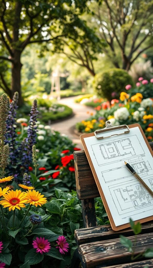 A lush, meticulously planned garden scene with a central focal point showcasing a detailed garden planning assessment. In the foreground, a wooden clipboard with hand-drawn garden layout sketches and notes rests on a weathered garden bench. Vibrant, diverse flora surrounds the scene, their colors and textures creating a harmonious and inviting atmosphere. Soft, diffused natural lighting filters through the canopy of trees in the middle ground, casting gentle shadows. In the background, a winding garden path leads the eye deeper into the serene outdoor space, hinting at the thoughtful design and planning process. The overall mood evokes a sense of tranquility and the rewards of careful garden preparation.