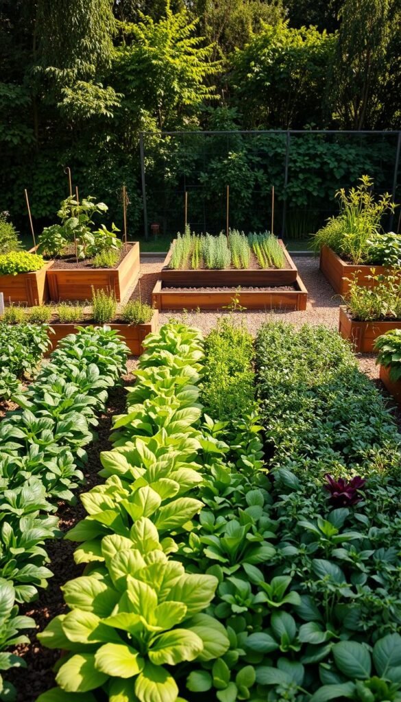 A lush, meticulously planned kitchen garden layout, showcasing a harmonious blend of raised beds and in-ground plantings. The foreground features orderly rows of leafy greens, vibrant vegetables, and fragrant herbs, arranged in a visually striking geometric pattern. In the middle ground, wooden raised beds stand as functional and aesthetically pleasing elements, filled with a variety of flourishing crops. The background reveals a backdrop of verdant foliage, hinting at the garden's integration with the surrounding landscape. The scene is illuminated by warm, natural lighting, casting soft shadows and enhancing the overall sense of vitality and abundance. The overall composition conveys a balance between functionality and artistic expression, capturing the essence of a truly inspiring garden design.