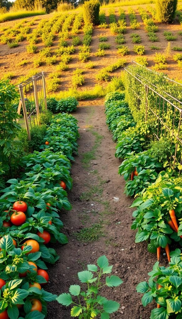 A lush, meticulously planned vegetable garden layout, featuring perfectly spaced rows of thriving produce. The foreground showcases a variety of vegetables, including plump tomatoes, vibrant leafy greens, and crisp carrots, all neatly arranged in parallel lines. The middle ground depicts a well-tended pathway winding through the garden, lined with carefully positioned trellises and support structures for climbing plants. In the background, a gently sloping terrain is dotted with strategically placed companion plants, providing a natural and visually appealing backdrop. The scene is illuminated by warm, golden sunlight, casting soft shadows and highlighting the healthy, vibrant foliage. The overall composition conveys a sense of harmony, efficiency, and the abundance of a productive in-ground vegetable garden. A lush, meticulously planned vegetable garden layout, featuring perfectly spaced rows of thriving produce. The foreground showcases a variety of vegetables, including plump tomatoes, vibrant leafy greens, and crisp carrots, all neatly arranged in parallel lines. The middle ground depicts a well-tended pathway winding through the garden, lined with carefully positioned trellises and support structures for climbing plants. In the background, a gently sloping terrain is dotted with strategically placed companion plants, providing a natural and visually appealing backdrop. The scene is illuminated by warm, golden sunlight, casting soft shadows and highlighting the healthy, vibrant foliage. The overall composition conveys a sense of harmony, efficiency, and the abundance of a productive in-ground vegetable garden.