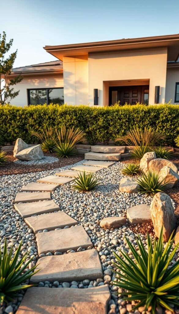 A lush, modern front yard showcasing an intricate stone landscaping design. In the foreground, a harmonious arrangement of natural stone pavers, boulders, and pebbles create a visually captivating pathway leading to the front entrance. Strategically placed succulents and ornamental grasses add pops of vibrant greenery, complementing the earthy tones of the stone. In the middle ground, a neatly trimmed hedgerow frames the scene, accentuating the clean lines and geometric patterns of the landscaping. The background features a contemporary, minimalist home with clean, sharp architectural lines, bathed in warm, natural lighting that casts subtle shadows, enhancing the depth and texture of the stone elements. The overall atmosphere exudes a sense of refined elegance and harmonious integration between the built and natural environments.